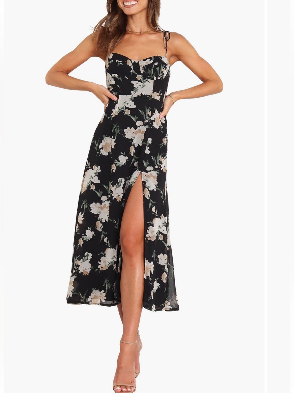 Petal & Pup Black Floral Split Midi Dress